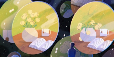 An illustration of a person looking at a vase of flowers and a cup of tea.