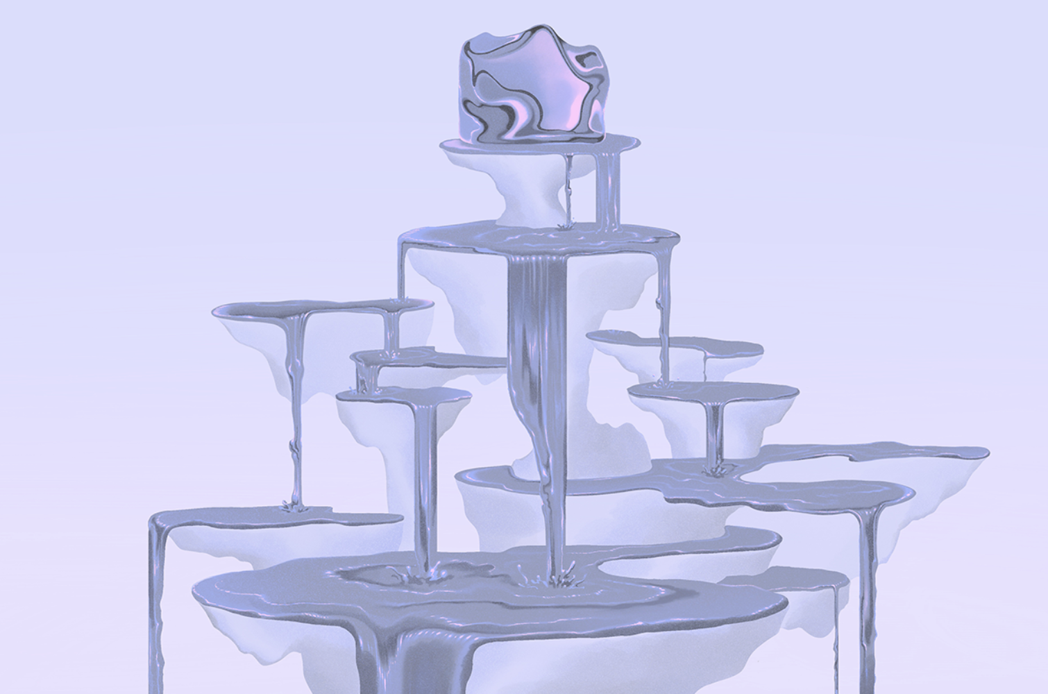 Illustration by Jun Cen of ice melting down various platforms into water.
