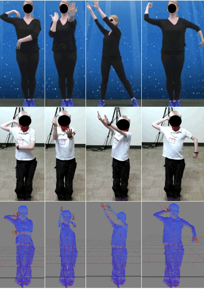 A series of photographs showing a model in a pose, with a child imitating the pose.