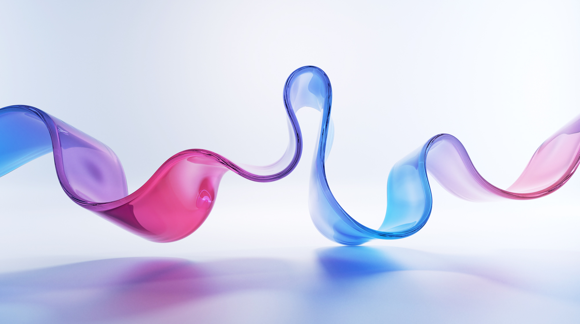 A pink and blue abstract ribbon weaves across the page.