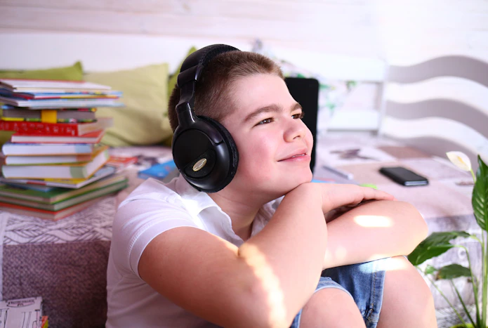 Portrait of smiling boy wearing headphones with books sitting on the table behind him.